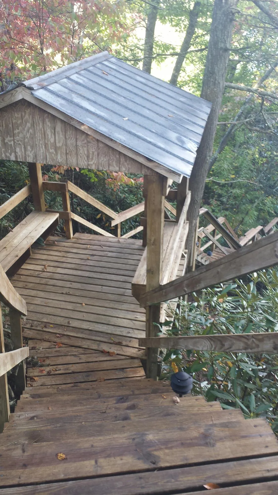 Metal roofed shelter over wooden steps on a wooded walkway — Skylight Repair & Installation work by our crew in Sweet Springs